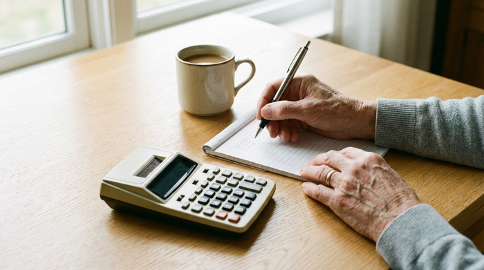 Ein Taschenrechner, ein Notizblock und ein Stift liegen geordnet auf einem hellen Holztisch neben einer Tasse Kaffee. Eine ältere Hand hält den Stift und notiert Zahlen. Realistische Nahaufnahme, saubere Umgebung, weiches Tageslicht, ohne lesbaren Text.