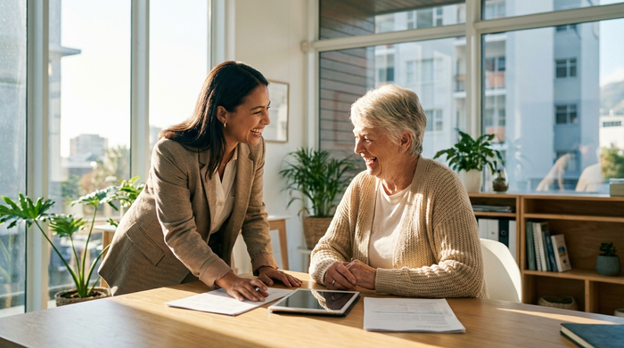 Eine lächelnde Beraterin im Gespräch mit einer Seniorin in einem hellen Büro. Beide schauen entspannt auf einige Dokumente auf dem Tisch. Vertrauensvolle Atmosphäre, professionelles Setting, warmes Licht, fotorealistisch.