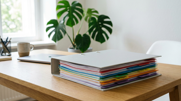 Ein ordentlich sortierter Aktenordner mit bunten Trennblättern auf einem aufgeräumten Schreibtisch. Im Hintergrund unscharf eine Zimmerpflanze. Helle, motivierende Arbeitsatmosphäre, strukturierte Organisation, realistische Fotografie ohne Schriftzüge.