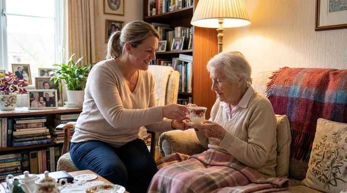 Eine freundliche Pflegekraft hilft einer älteren Dame liebevoll beim Teetrinken im eigenen, gemütlichen Wohnzimmer. Harmonische und fürsorgliche Stimmung, vertrautes Zuhause, weiche Beleuchtung, realistische Szene.