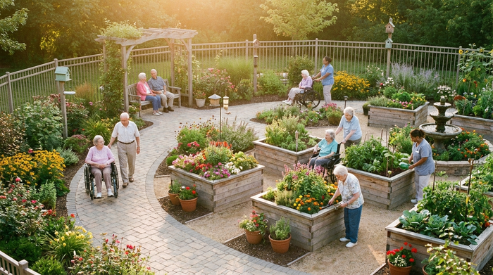 Ein sicherer, idyllischer Demenzgarten mit rollstuhlgerechten Hochbeeten, bunten Blumen und einem gepflasterten Rundweg. Ältere Menschen spazieren friedlich im warmen Nachmittagslicht.