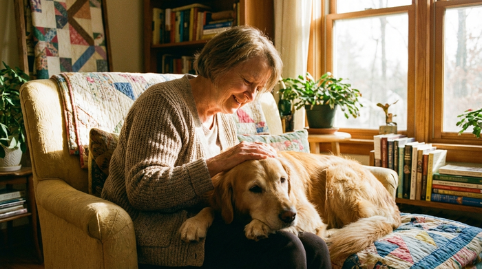 Eine ältere, lächelnde Frau streichelt sanft einen ruhigen Golden Retriever, der seinen Kopf auf ihren Schoß gelegt hat. Helles, freundliches Zimmer mit gemütlicher Einrichtung.