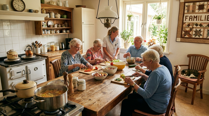 Eine gemütliche Gemeinschaftsküche in einer Demenz-Wohngemeinschaft. Mehrere Senioren bereiten gemeinsam mit einer freundlichen Pflegekraft an einem großen Holztisch das Mittagessen vor. Fröhliche, familiäre Stimmung.