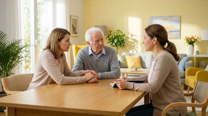 Eine besorgte Tochter und ihr älterer Vater sitzen an einem Tisch und sprechen vertrauensvoll mit einer Beraterin. Im Hintergrund ist ein helles, freundliches Pflegeheim-Zimmer zu sehen.