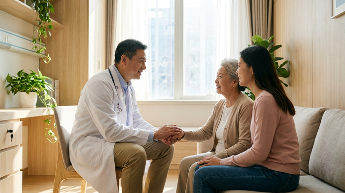 Ein freundlicher Arzt im weißen Kittel spricht einfühlsam mit einer älteren Patientin und ihrer Tochter in einem hellen, modernen Krankenzimmer. Realistische Szene, vertrauensvolle Stimmung, weiches Licht.