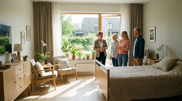 Eine sympathische Pflegeheimleiterin zeigt einer Familie ein freundlich eingerichtetes, helles Zimmer in einer modernen Seniorenresidenz. Gepflegte Umgebung, einladende Atmosphäre, Pflanzen am Fenster.