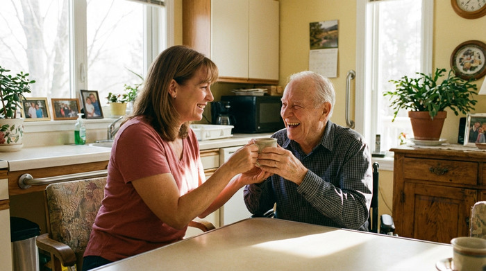 Eine liebevolle Pflegekraft unterstützt einen fröhlichen Senior beim Teetrinken in seiner eigenen, gemütlichen Küche. Barrierefreies Umfeld, herzliche Interaktion, sonniger Vormittag.
