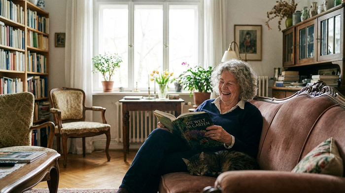 Eine entspannte ältere Dame sitzt glücklich auf ihrem Sofa im heimischen Wohnzimmer und liest ein Buch, während sanftes Tageslicht durch das Fenster fällt.