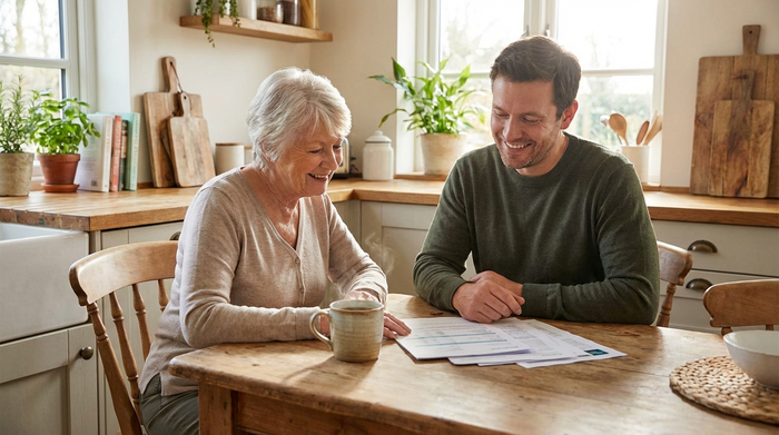 Eine ältere Frau und ihr Sohn sitzen an einem Holztisch in der Küche und schauen zufrieden auf einige übersichtliche Dokumente, daneben steht eine dampfende Tasse Tee.