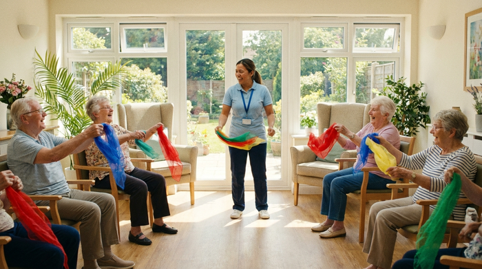 Eine Gruppe von fröhlichen Senioren sitzt in einem hellen, freundlichen Raum im Kreis zusammen und macht leichte Schwungübungen mit bunten Tüchern, angeleitet von einer motivierenden Pflegekraft.