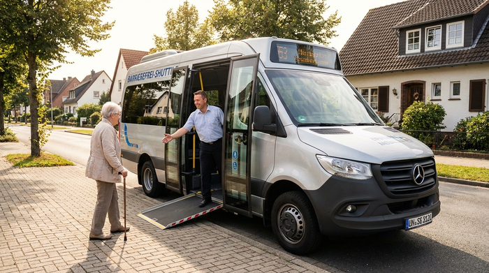 Ein moderner, barrierefreier Kleinbus mit geöffneter Seitentür steht an einem gepflegten Gehsteig. Ein freundlicher Fahrer reicht einer älteren Dame höflich die Hand, um sie sicher zum Fahrzeug zu begleiten. Ruhige Wohngegend, sonniges Wetter, fotorealistisch.
