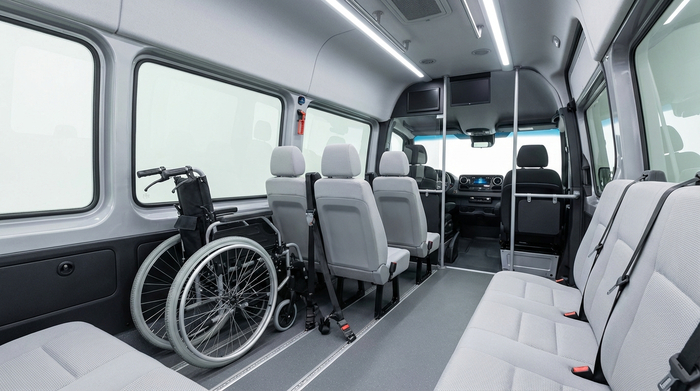 Der geräumige Innenraum eines modernen Kleinbusses. Ein zusammengeklappter Rollstuhl ist sicher im hinteren Bereich verstaut. Helle Sitze, saubere Umgebung, professionelle Fahrzeugausstattung, fotorealistisch, ohne Text.