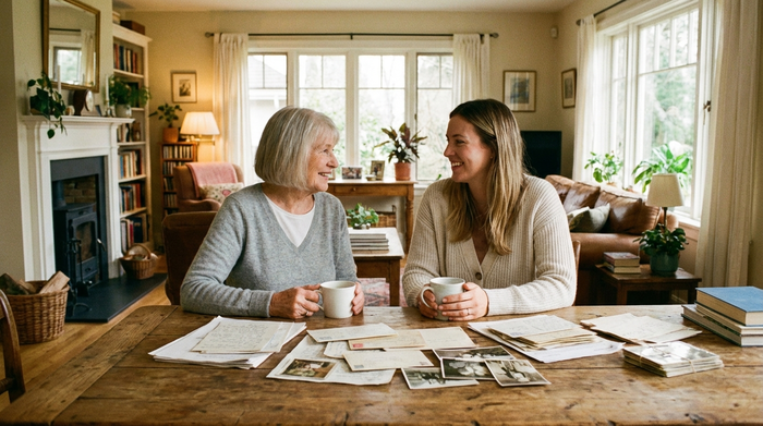 Eine ältere Dame und ihre Tochter sitzen entspannt an einem Holztisch bei einer Tasse Kaffee und lächeln sich an. Auf dem Tisch liegen einige Papiere. Helles, gemütliches Wohnzimmer, entspannte Atmosphäre, fotorealistisch.