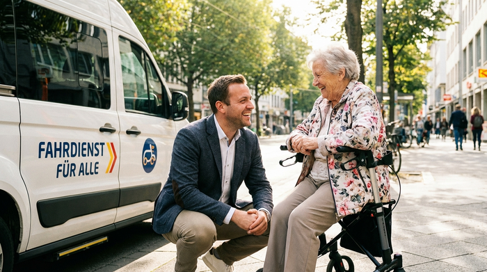 Ein empathischer, gut gekleideter Fahrer eines Fahrdienstes unterhält sich auf Augenhöhe mit einer lächelnden Seniorin. Beide stehen neben einem weißen Transportfahrzeug. Vertrauensvolle Stimmung, sonniger Tag, realistische Darstellung.