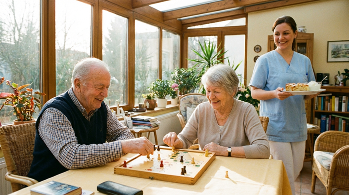 Zwei lächelnde Senioren spielen an einem sonnendurchfluteten Tisch ein klassisches Brettspiel. Eine freundliche Pflegekraft im Hintergrund bringt einen Teller mit frisch gebackenem Kuchen. Die Szene wirkt entspannt und familiär.