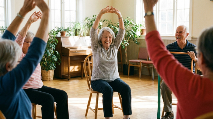 Eine ältere Dame mit silbernem Haar macht leichte Gymnastikübungen im Sitzen. Sie streckt die Arme nach oben und lächelt. Neben ihr sitzen weitere Senioren in einem hellen Raum mit Holzfußboden, die fröhlich an der Gruppenaktivität teilnehmen.