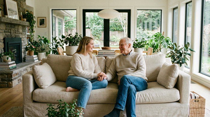 Eine erwachsene Tochter und ihr älterer Vater sitzen entspannt auf einem gemütlichen Sofa in einem modernen Wohnzimmer. Sie halten sich an den Händen und lächeln sich liebevoll an. Die Stimmung ist harmonisch und völlig stressfrei.