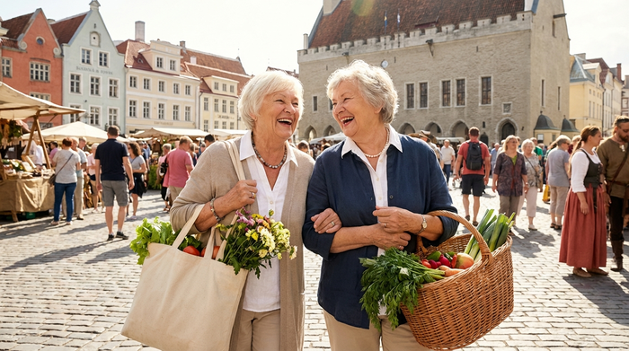 Zwei ältere Damen spazieren fröhlich mit gut gefüllten Stofftaschen über einen belebten, historischen Wochenmarkt. Frisches Gemüse im Korb, sonniges Wetter, entspannte und sichere Atmosphäre.