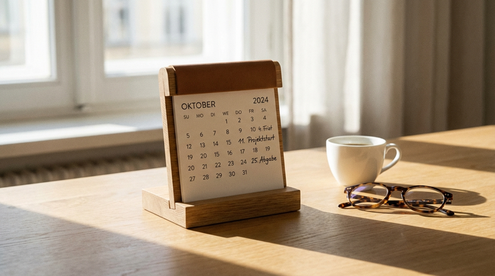 Ein eleganter Tischkalender steht auf einem sauberen Schreibtisch aus Eichenholz, daneben eine weiße Kaffeetasse und eine Lesebrille. Fokus auf die aufgeräumte Szenerie, weiches Licht, symbolisiert Planung und Fristen.