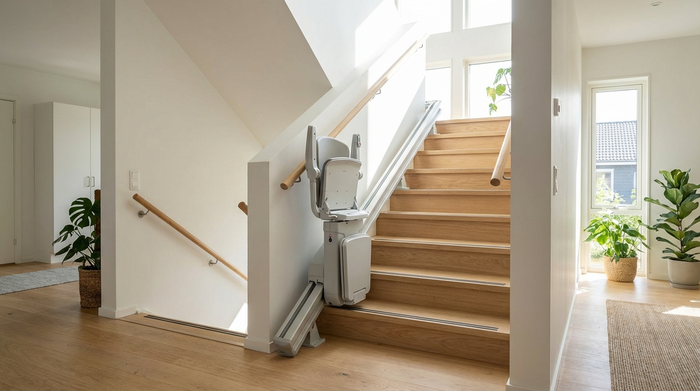 Ein moderner, unauffälliger Treppenlift fährt an einer hellen Holztreppe in einem gepflegten Einfamilienhaus. Helles Treppenhaus, sicheres und barrierefreies Wohnumfeld für Senioren, keine Personen im Bild.