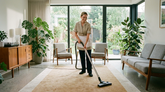 Eine ordentliche, freundliche Reinigungskraft saugt den Teppich in einem modernen, hellen Wohnzimmer. Im Hintergrund stehen gepflegte Möbel und gesunde Zimmerpflanzen. Realistische Szene, sauber und aufgeräumt.