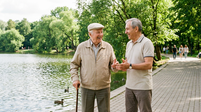 Ein engagierter Seniorenassistent begleitet einen älteren Herrn bei einem gemütlichen Spaziergang an einem Seeufer. Beide lächeln und unterhalten sich angeregt. Sonniges Wetter, grüne Bäume und ein gepflasterter Weg.