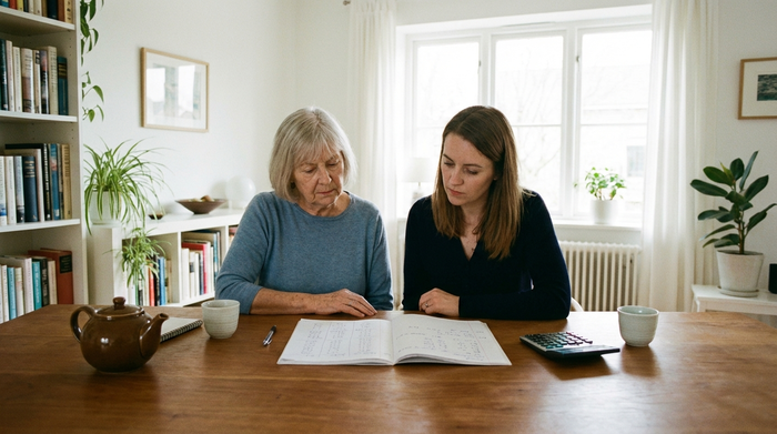 Eine ältere Dame und ihre Tochter sitzen gemeinsam an einem Holztisch und schauen auf ein aufgeschlagenes Notizbuch, um finanzielle Dinge zu besprechen. Ruhige, seriöse Atmosphäre in einem hellen, aufgeräumten Raum.