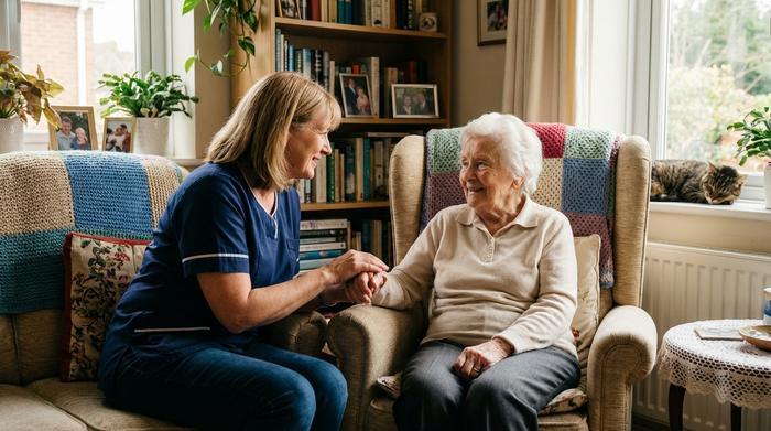 Eine fürsorgliche Alltagsbegleiterin hält sanft die Hand einer Seniorin, die in einem bequemen Sessel sitzt. Beide blicken sich vertrauensvoll und warmherzig an. Gemütliches Wohnzimmer mit sanftem, emotionalem Licht.