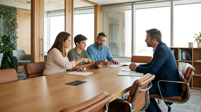 Eine Familie sitzt mit einem Berater in einem modernen Büro an einem Holztisch und bespricht wichtige Dokumente. Seriöse, vertrauensvolle Stimmung, helles Licht, keine lesbaren Texte.
