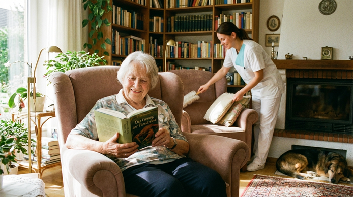 Eine ältere Dame sitzt entspannt in ihrem bequemen Sessel und liest ein Buch, während im Hintergrund eine Pflegekraft liebevoll das Wohnzimmer aufräumt. Friedlicher Alltag im Alter.