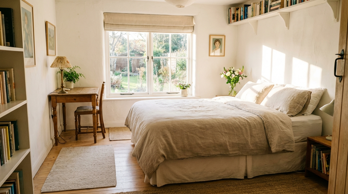 Ein helles, freundlich eingerichtetes Gästezimmer mit einem komfortablen Bett, einem kleinen Schreibtisch und einem großen Fenster, durch das warmes Tageslicht fällt. Einladende und saubere Umgebung.