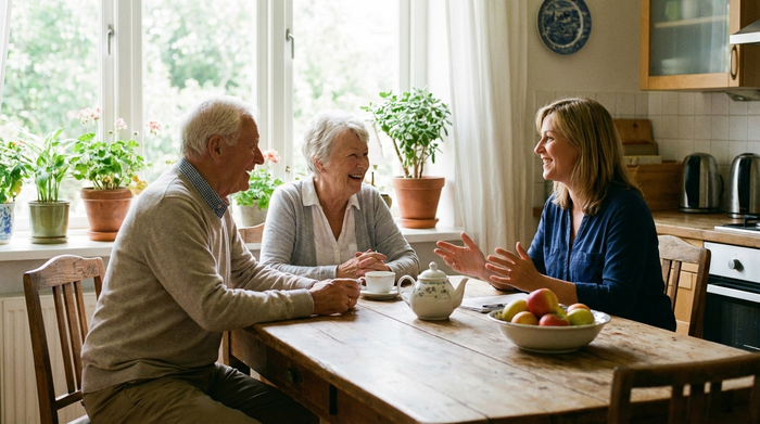 Ein älteres Ehepaar sitzt entspannt an einem Holztisch in einer hellen Küche und unterhält sich lächelnd mit einer freundlichen Beraterin eines Sanitätshauses. Realistische Szene, natürliches Licht, positive Stimmung, keine Schriften im Bild.