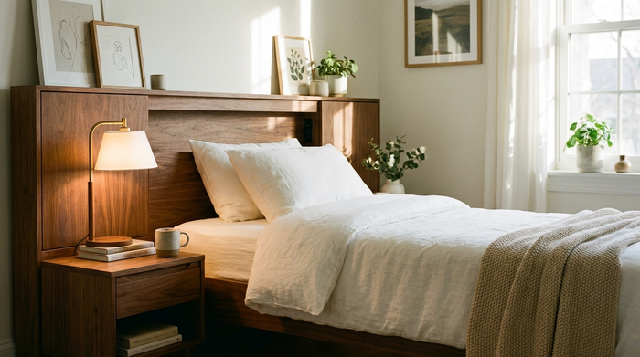 Ein modernes, wohnliches Pflegebett mit eleganter Holzverkleidung in einem gemütlichen Schlafzimmer. Eine weiche, weiße Bettdecke und ein Nachttisch mit einer warmen Leselampe runden das Bild ab. Keine typische Krankenhausatmosphäre, sehr realistisch.