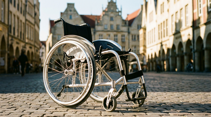 Ein eleganter, silberner Leichtgewichtrollstuhl steht auf dem historischen Kopfsteinpflaster vor dem Prinzipalmarkt in Münster. Im Hintergrund unscharfe historische Giebelfassaden. Sonniges Wetter, realistische Fotografie, keine Menschen im direkten Fokus.