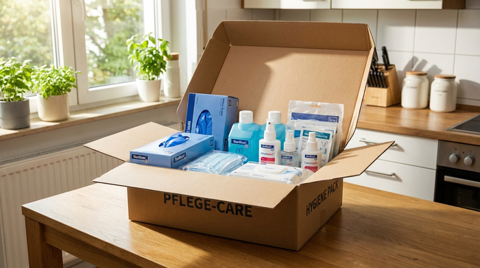 Ein ordentlich gepackter, offener Karton auf einem Küchentisch, gefüllt mit sauberen, verpackten Pflegeutensilien wie Einmalhandschuhen und Desinfektionsmitteln. Helles, freundliches Licht, saubere Umgebung, sehr detailreich.