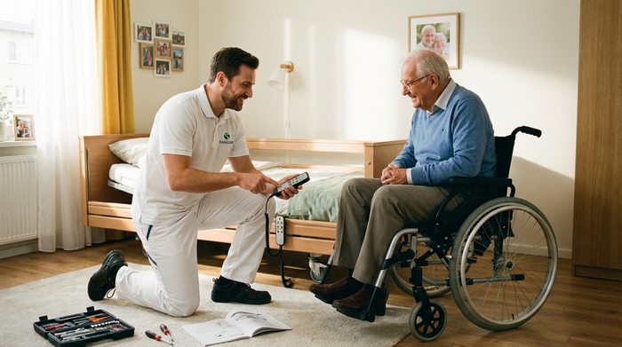 Ein freundlicher Techniker in sauberer Arbeitskleidung montiert sorgfältig ein Pflegebett in einem hellen Schlafzimmer. Er lächelt und erklärt einem älteren Herrn die Funktionen der Fernbedienung. Realistische, vertrauensvolle Interaktion.