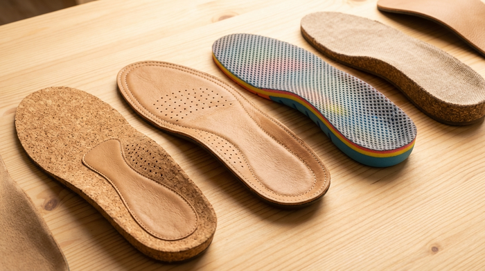 Nahaufnahme von verschiedenen modernen, weichen orthopädischen Einlagen aus Kork, Leder und atmungsaktivem Schaumstoff, die ordentlich nebeneinander auf einem hellen Holztisch liegen. Weiches, einladendes Licht.