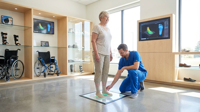 Ein heller, moderner Raum in einem Sanitätshaus. Eine ältere Dame steht entspannt in Socken auf einer leuchtenden, flachen 3D-Messplatte auf dem Boden. Ein Orthopädietechniker in sauberer Arbeitskleidung kniet daneben und betrachtet konzentriert die Fußstellung.