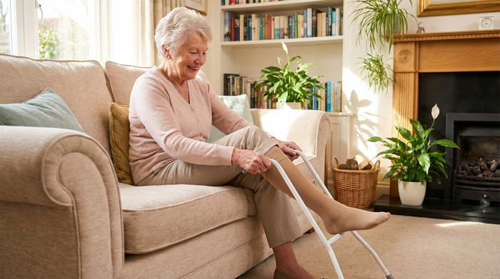 Eine ältere Person sitzt bequem auf einem Sofa und zieht mit Hilfe eines weißen, metallischen Anziehgestells mühelos einen hautfarbenen Kompressionsstrumpf über den Fuß. Helles, gemütliches Wohnzimmer im Hintergrund.
