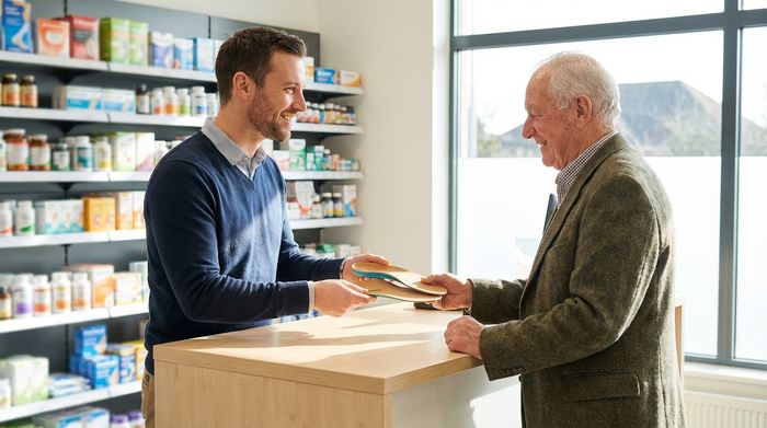 Eine freundliche Beratungssituation an einem hellen Tresen in einem Sanitätshaus. Ein Berater überreicht einem lächelnden älteren Herrn ein Paar maßgefertigte Einlagen. Im Hintergrund sind unscharfe Regale mit Gesundheitsprodukten zu erkennen.