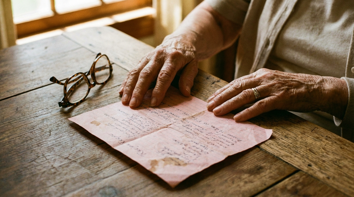 Eine Nahaufnahme der Hände einer älteren Frau, die behutsam ein rosa Papierrezept auf einem Holztisch glattstreicht. Daneben liegt eine Lesebrille. Helle, freundliche Beleuchtung.