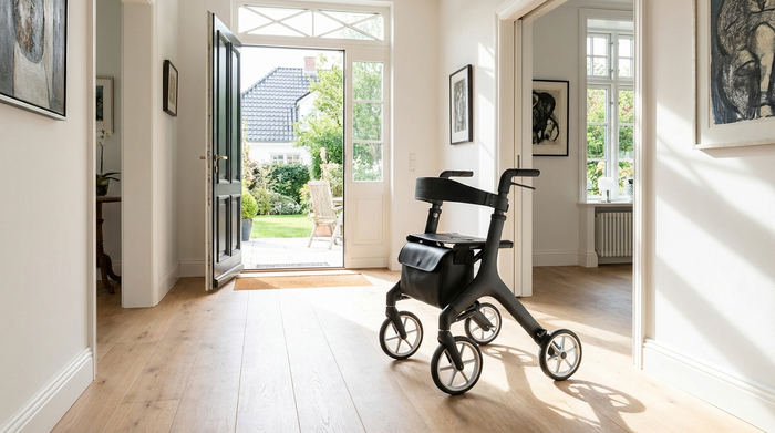 Ein hochwertiger, moderner Carbon-Rollator steht in einem hellen Flur eines eleganten Hauses. Die Materialien wirken leicht und stabil, im Hintergrund ist eine offene Haustür zu sehen.