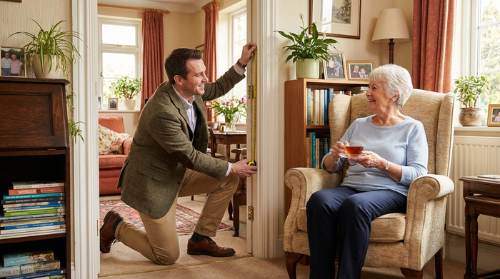 Ein sympathischer Berater in gepflegter Kleidung misst mit einem Maßband den Türrahmen in einem gemütlichen Wohnzimmer ab, während eine lächelnde Seniorin im Sessel zuschaut. Vertrauensvolle Stimmung.