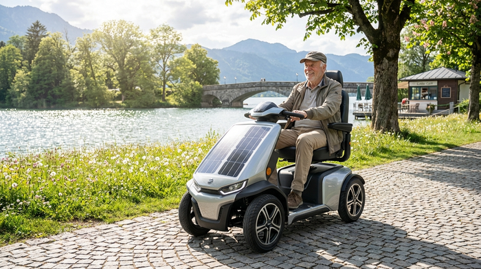 Ein rüstiger Rentner fährt an einem sonnigen Tag mit einem modernen Elektromobil auf einem gepflasterten Weg an einem See entlang. Die Umgebung ist grün und idyllisch.