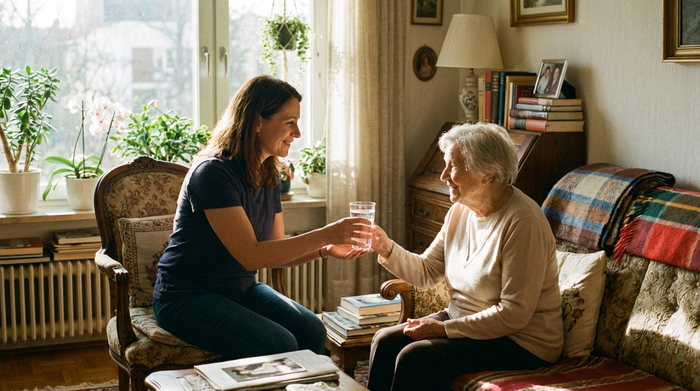Eine einfühlsame Pflegekraft reicht einer älteren Dame ein Glas Wasser in einem sonnendurchfluteten Wohnzimmer. Beide lächeln sich an. Gemütliche Einrichtung, Pflanzen im Hintergrund, fotorealistisch.