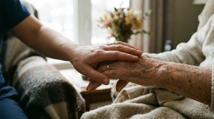 Nahaufnahme von zwei Händen, die sanft übereinanderliegen – die junge Hand einer Pflegekraft hält die von Falten gezeichnete Hand eines Seniors. Ruhige, tröstende Stimmung, weiches Licht.