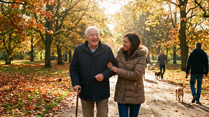 Ein lächelnder Senior und eine Pflegekraft machen gemeinsam einen Spaziergang an einem sonnigen Tag in einem grünen Park. Herbstliches Laub, entspannte Atmosphäre, natürliche Beleuchtung.