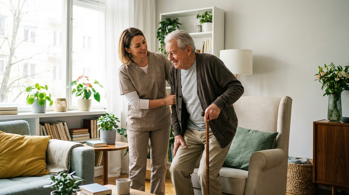 Eine engagierte Pflegekraft hilft einem älteren Herrn behutsam beim Aufstehen aus einem bequemen Sessel in einem hellen, aufgeräumten Wohnzimmer. Realistische, würdevolle Darstellung, natürliches Licht, sauberes Umfeld ohne Text.