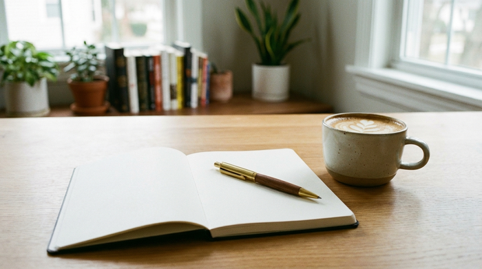 Ein aufgeschlagenes, leeres Notizbuch und ein edler Kugelschreiber liegen auf einem sauberen Holztisch neben einer frischen Tasse Kaffee. Ruhige, organisierte Atmosphäre im Hintergrund, weiches Tageslicht, keine lesbaren Texte.