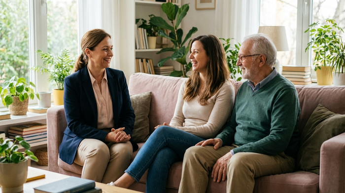 Eine erfahrene Pflegedienstleitung im professionellen Outfit führt ein freundliches, offenes Gespräch mit einer erwachsenen Tochter und ihrem älteren Vater auf einem gemütlichen Sofa. Entspannte, vertrauensvolle Stimmung, helles Wohnzimmer, keine Schriftzüge.